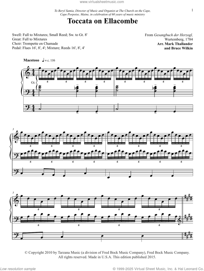 Toccata on Ellacombe sheet music for organ by Mark Thallander and Bruce Wilkin, intermediate skill level