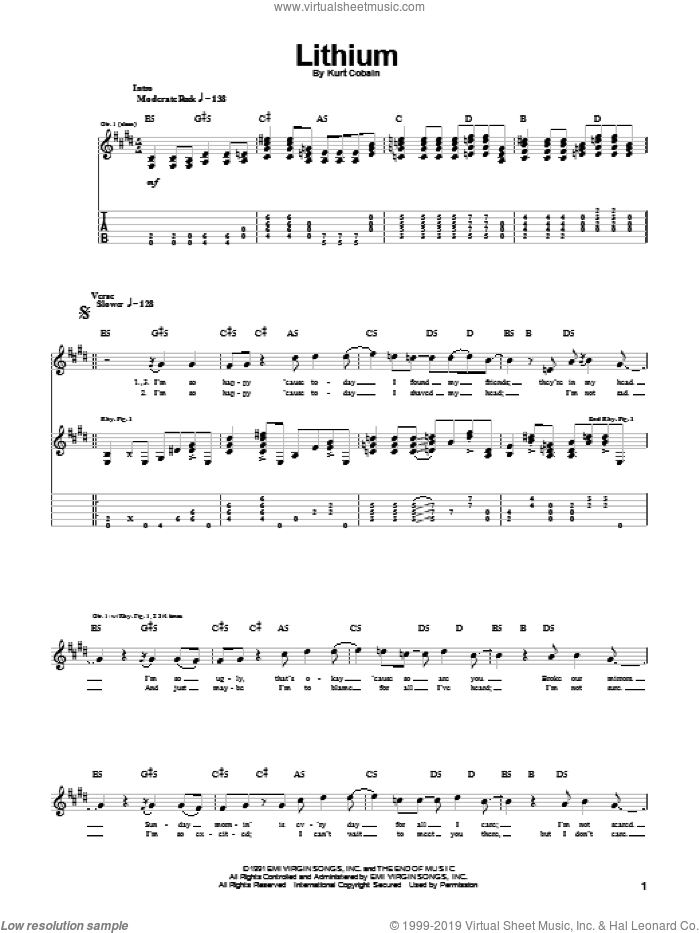Lithium sheet music for guitar (tablature) by Nirvana and Kurt Cobain, intermediate skill level