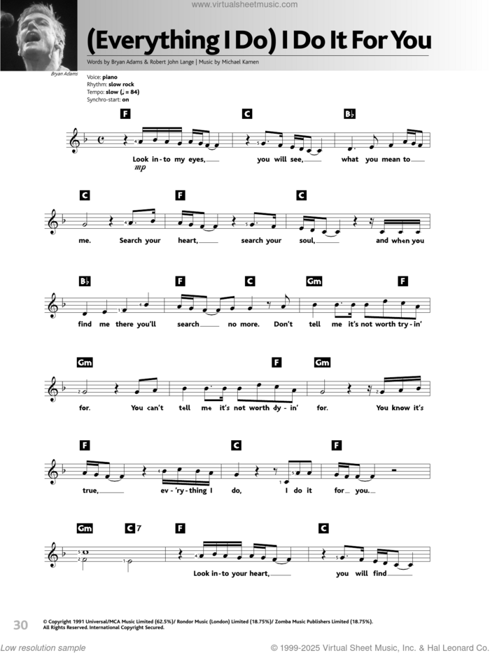 (Everything I Do) I Do It For You sheet music for voice and other instruments (fake book) by Bryan Adams, Michael Kamen and Robert John Lange, intermediate skill level