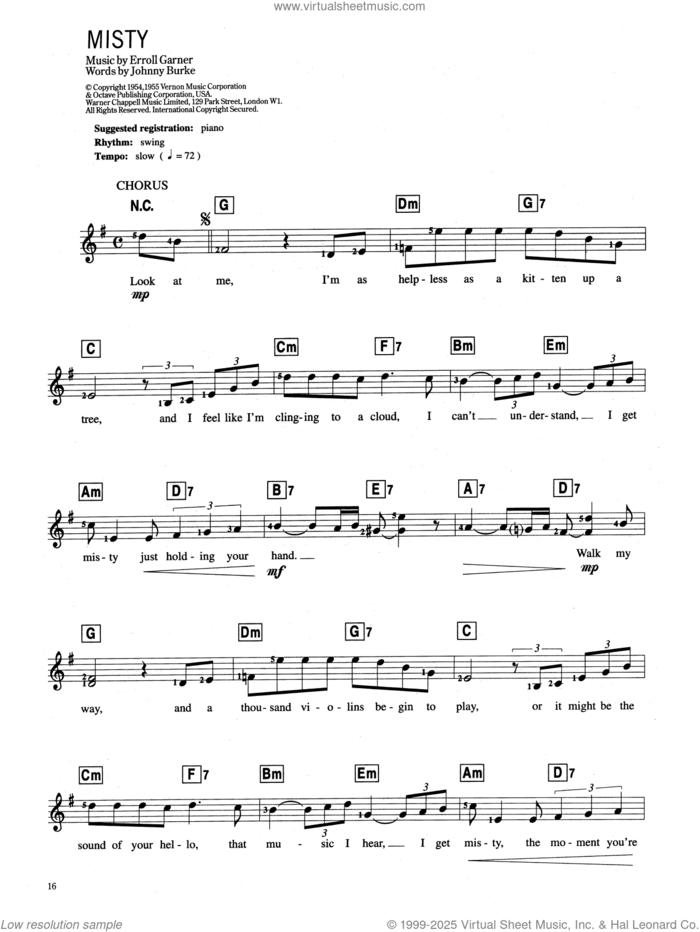 Misty sheet music for voice and other instruments (fake book) by John Burke and Erroll Garner, intermediate skill level