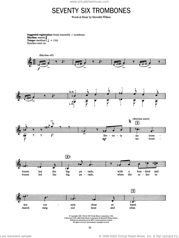 Seventy Six Trombones (from The Music Man) sheet music for voice and other instruments (fake book) by Meredith Willson, intermediate skill level