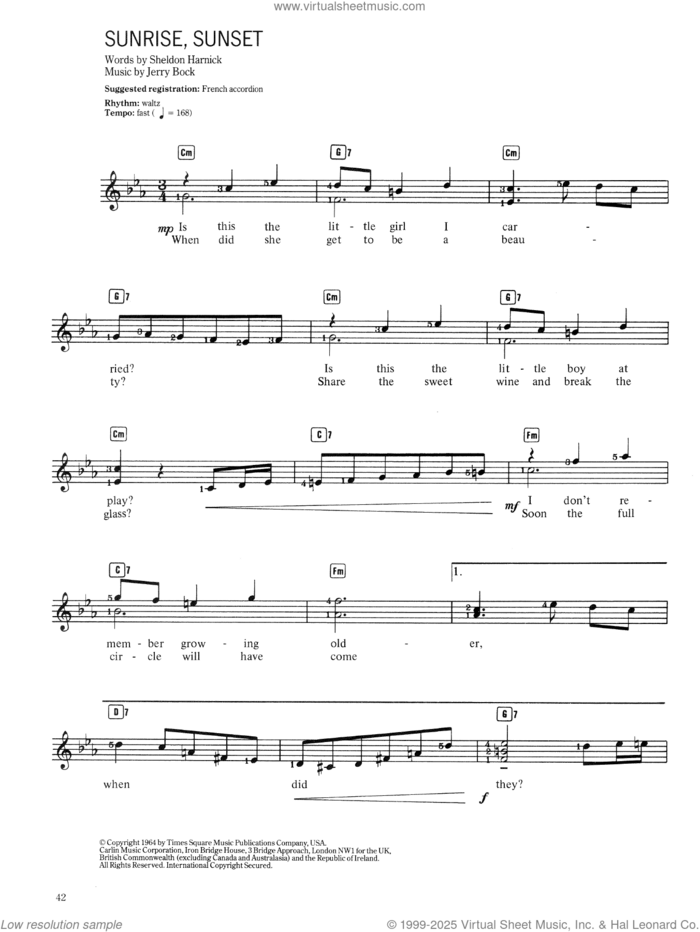 Sunrise, Sunset (from Fiddler On The Roof) sheet music for voice and other instruments (fake book) by Sheldon Harnick, Bock & Harnick and Jerry Bock, intermediate skill level