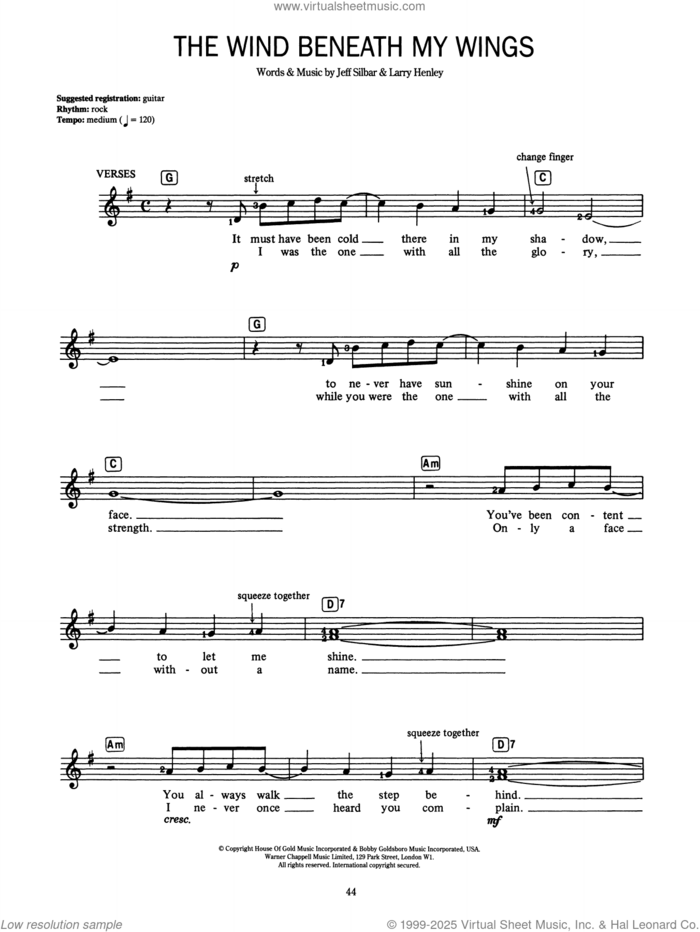 The Wind Beneath My Wings sheet music for voice and other instruments (fake book) by Bette Midler, Jeff Silbar and Larry Henley, intermediate skill level