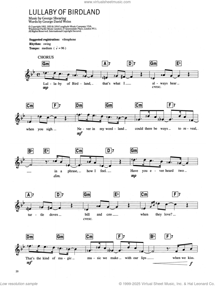 Lullaby Of Birdland sheet music for voice and other instruments (fake book) by George David Weiss and George Shearing, intermediate skill level