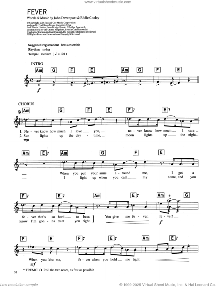Fever sheet music for voice and other instruments (fake book) by Peggy Lee, Eddie Cooley and John Davenport, intermediate skill level