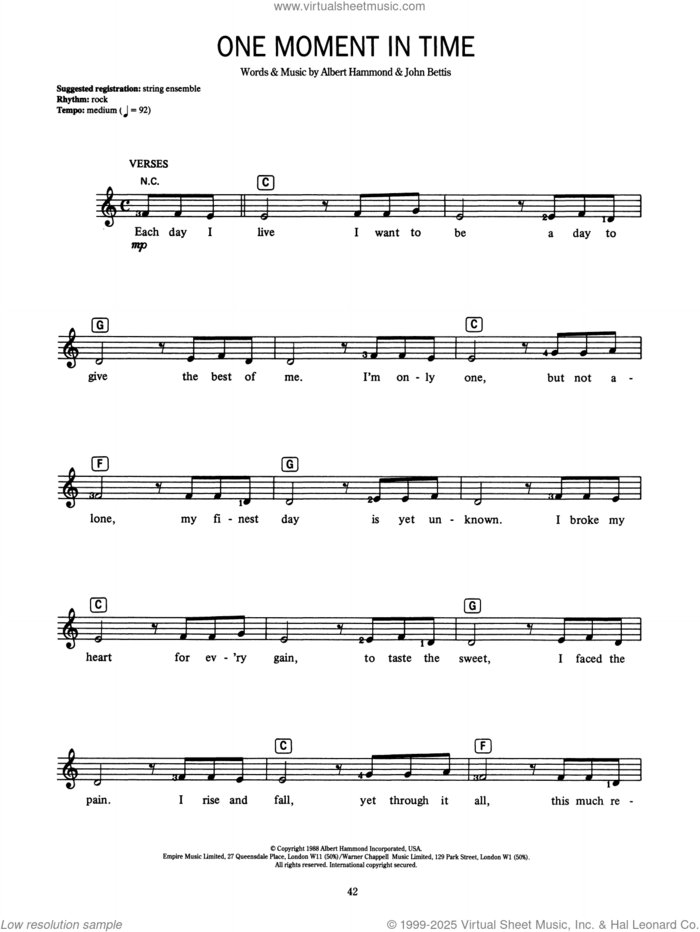 One Moment In Time sheet music for voice and other instruments (fake book) by Whitney Houston, Albert Hammond and John Bettis, intermediate skill level