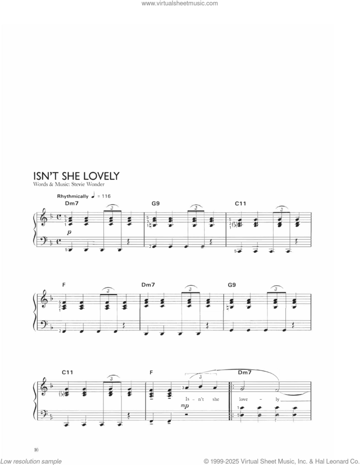 Isn't She Lovely sheet music for piano solo by Stevie Wonder, easy skill level