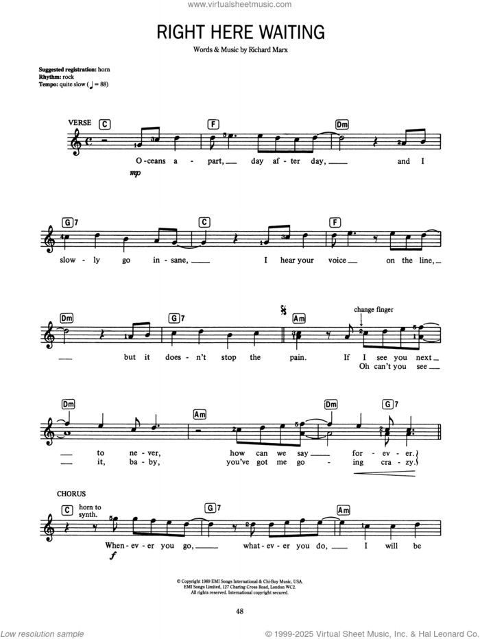 Right Here Waiting sheet music for voice and other instruments (fake book) by Richard Marx, intermediate skill level