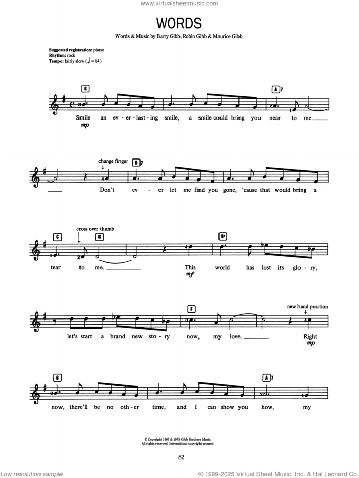 Words sheet music for voice and other instruments (fake book) by Bee Gees, Barry Gibb, Maurice Gibb and Robin Gibb, intermediate skill level