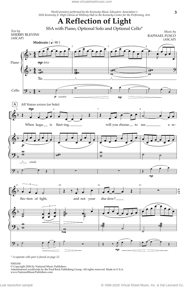 A Reflection Of Light sheet music for choir (SSA: soprano, alto) by Sherry Blevins and Raphael Fusco, intermediate skill level