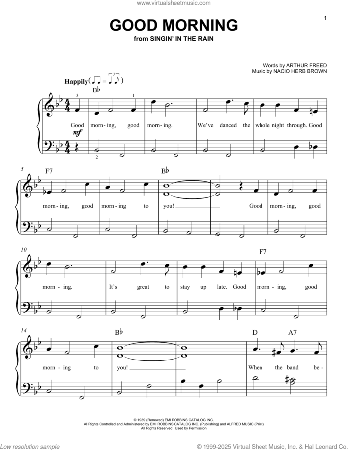Good Morning (from Singin' In The Rain) sheet music for piano solo by Arthur Freed and Nacio Herb Brown, easy skill level