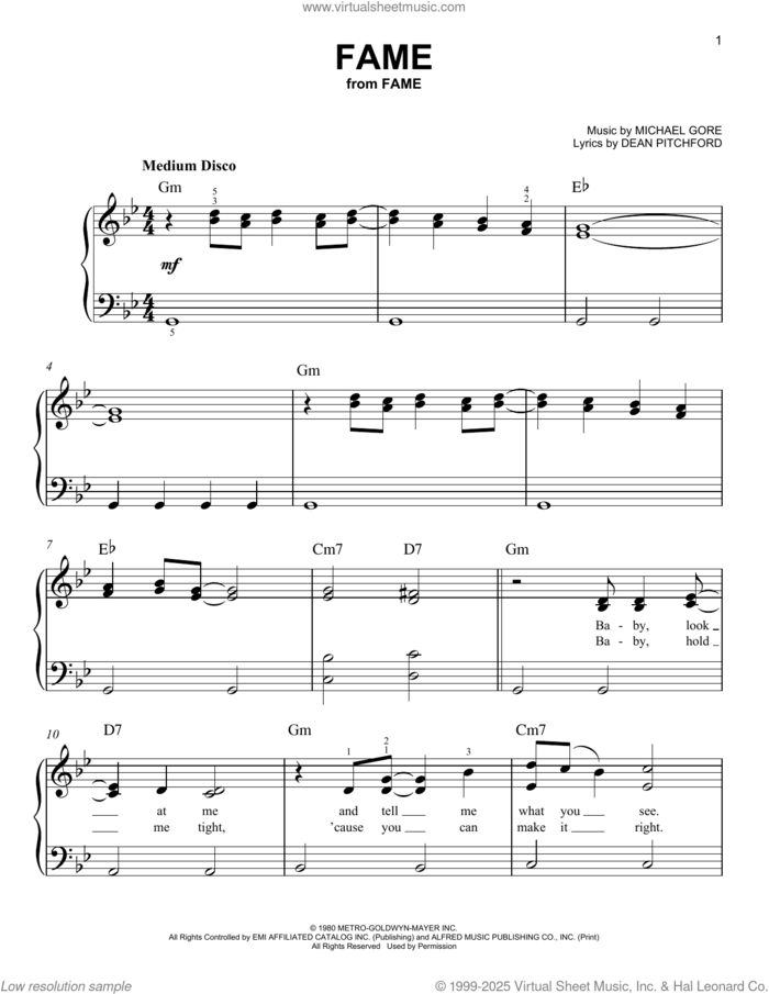Fame sheet music for piano solo by Irene Cara, Dean Pitchford and Michael Gore, easy skill level