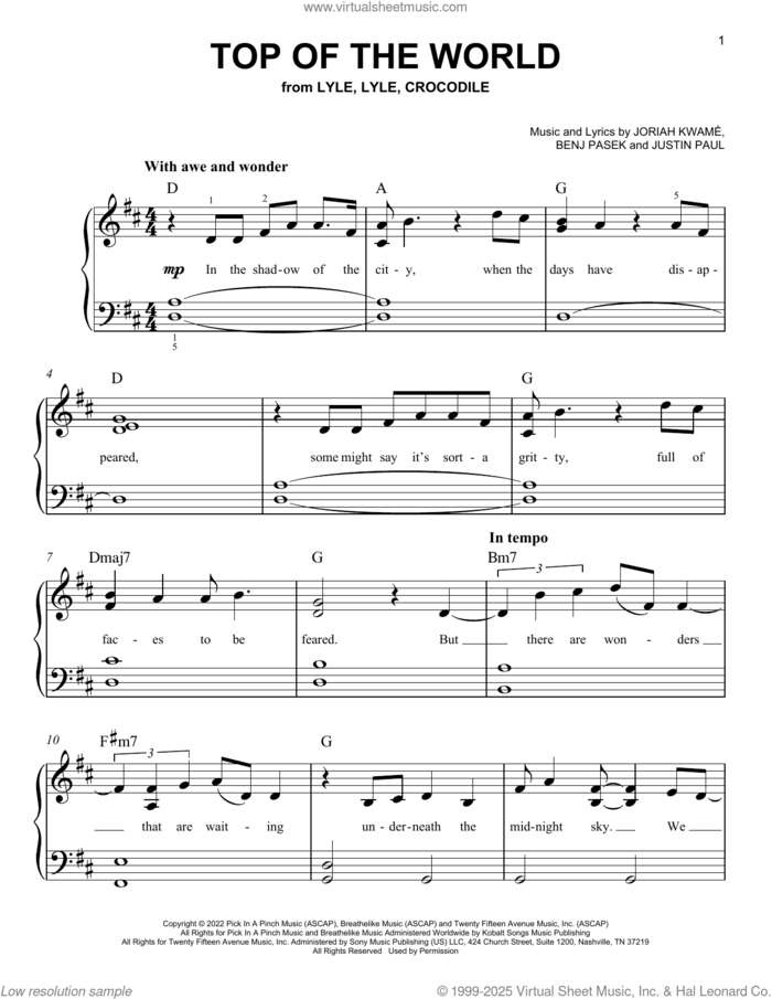 Top Of The World (from Lyle, Lyle, Crocodile) sheet music for piano solo by Benj Pasek, Joriah Kwame and Justin Paul, easy skill level