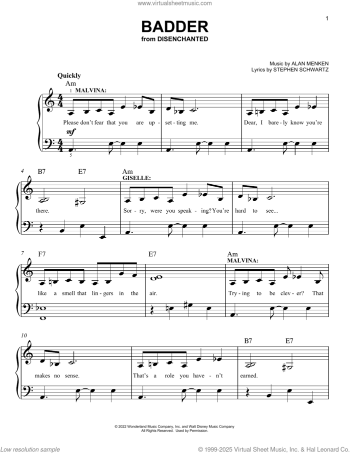 Badder (from Disenchanted) sheet music for piano solo by Stephen Schwartz and Alan Menken, easy skill level