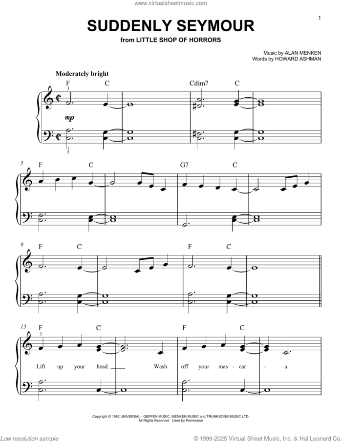 Suddenly Seymour (from Little Shop Of Horrors) sheet music for piano solo by Howard Ashman and Alan Menken, easy skill level
