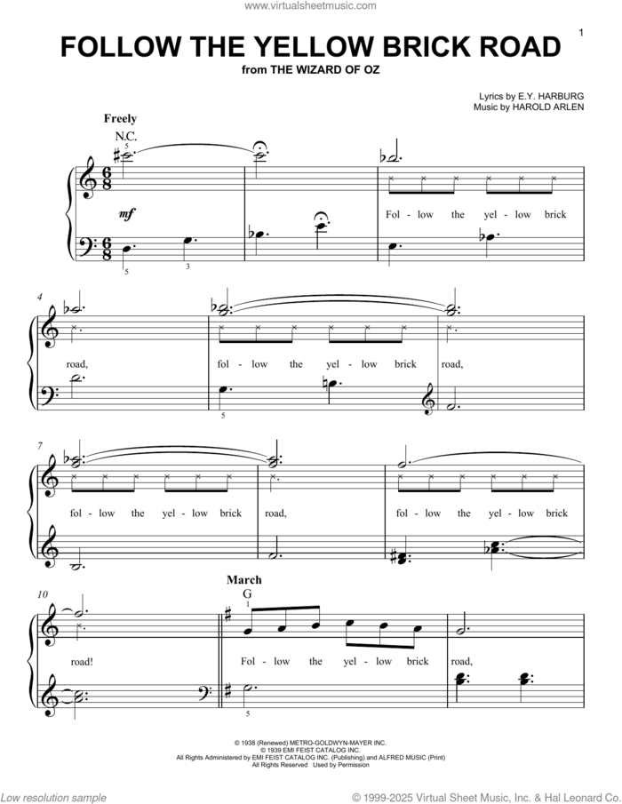 Follow The Yellow Brick Road (from The Wizard Of Oz) sheet music for piano solo by E.Y. Harburg and Harold Arlen, easy skill level