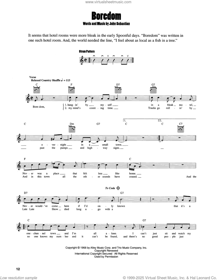 Boredom sheet music for guitar solo (chords) by John Sebastian, easy guitar (chords)
