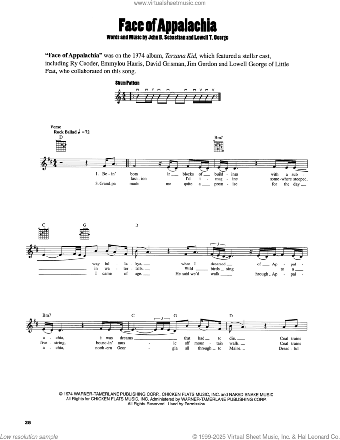 Face Of Appalachia sheet music for guitar solo (chords) by John Sebastian and Lowell T. George, easy guitar (chords)