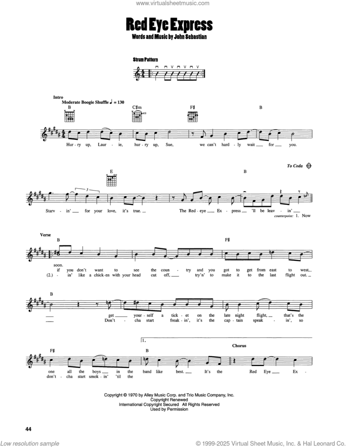 Red Eye Express sheet music for guitar solo (chords) by John Sebastian, easy guitar (chords)
