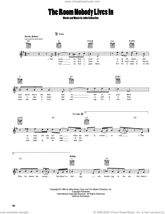 The Room Nobody Lives In sheet music for guitar solo (chords) by John Sebastian, easy guitar (chords)