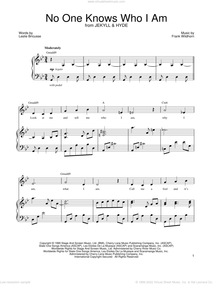 No One Knows Who I Am sheet music for voice and piano by Leslie Bricusse, Jekyll & Hyde (Musical) and Frank Wildhorn, intermediate skill level