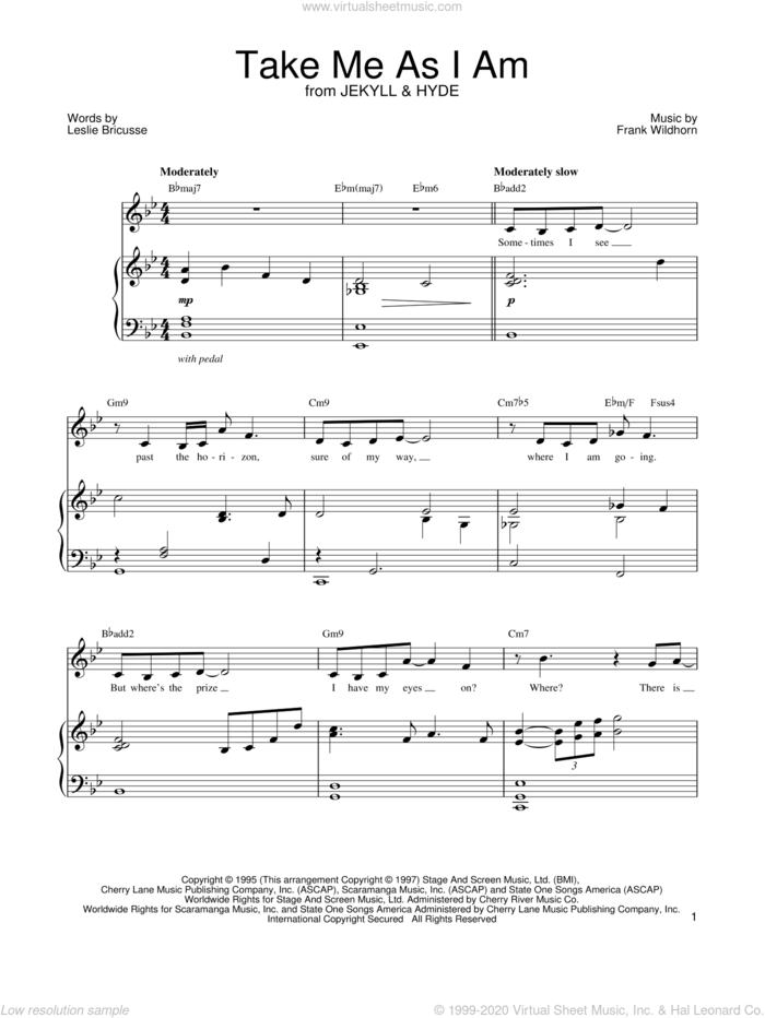 Take Me As I Am sheet music for voice and piano by Leslie Bricusse, Jekyll & Hyde (Musical) and Frank Wildhorn, intermediate skill level