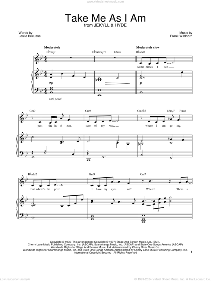 Take Me As I Am (from Jekyll and Hyde) sheet music for voice and piano by Leslie Bricusse, Jekyll & Hyde (Musical) and Frank Wildhorn, intermediate skill level