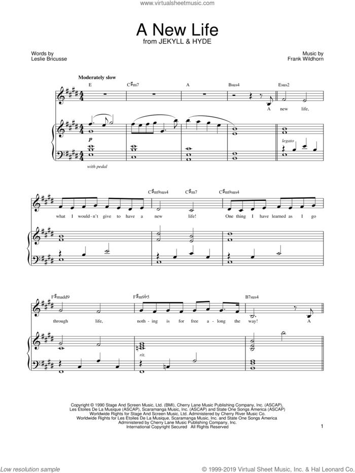 A New Life sheet music for voice and piano by Leslie Bricusse, Jekyll & Hyde (Musical) and Frank Wildhorn, intermediate skill level