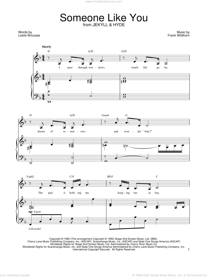 Someone Like You sheet music for voice and piano by Leslie Bricusse, Jekyll & Hyde (Musical) and Frank Wildhorn, intermediate skill level
