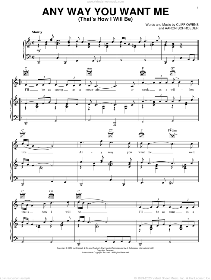 Any Way You Want Me sheet music for voice, piano or guitar by Elvis Presley, Aaron Schroeder and Cliff Owens, intermediate skill level