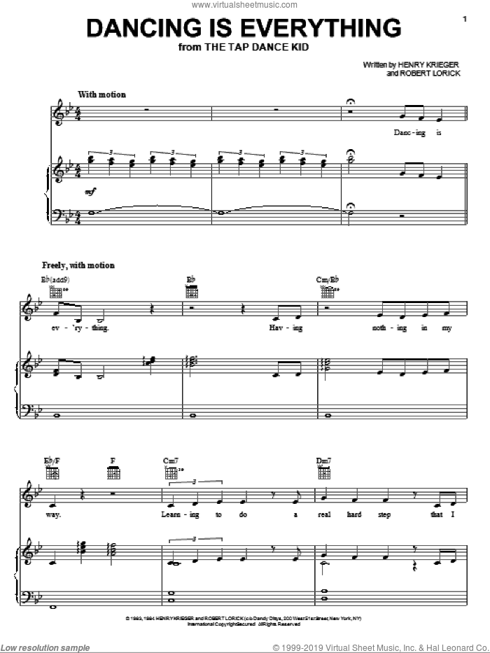 Dancing Is Everything sheet music for voice, piano or guitar by Robert Lorick and Henry Krieger, intermediate skill level