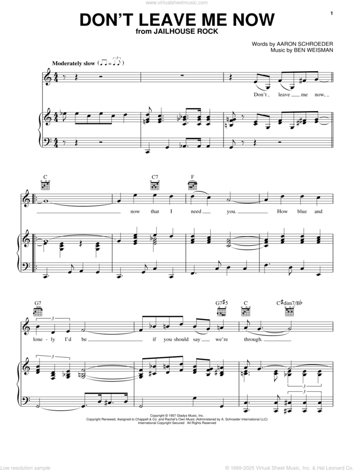 Don't Leave Me Now sheet music for voice, piano or guitar by Elvis Presley, Aaron Schroeder and Ben Weisman, intermediate skill level