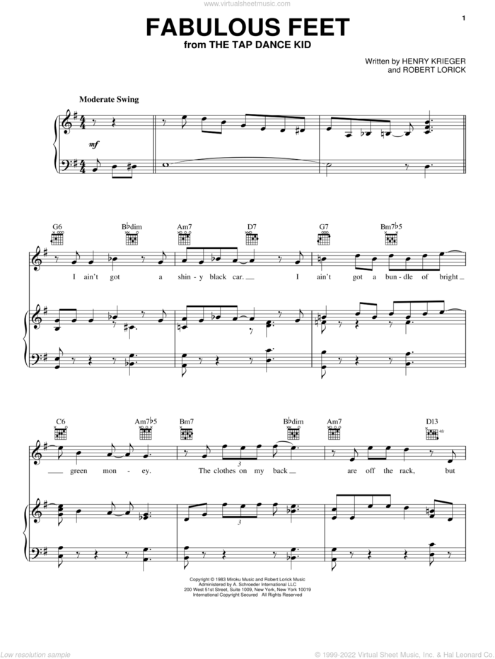 Fabulous Feet sheet music for voice, piano or guitar by Robert Lorick and Henry Krieger, intermediate skill level