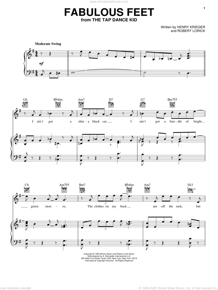 Fabulous Feet sheet music for voice, piano or guitar by Robert Lorick and Henry Krieger, intermediate skill level