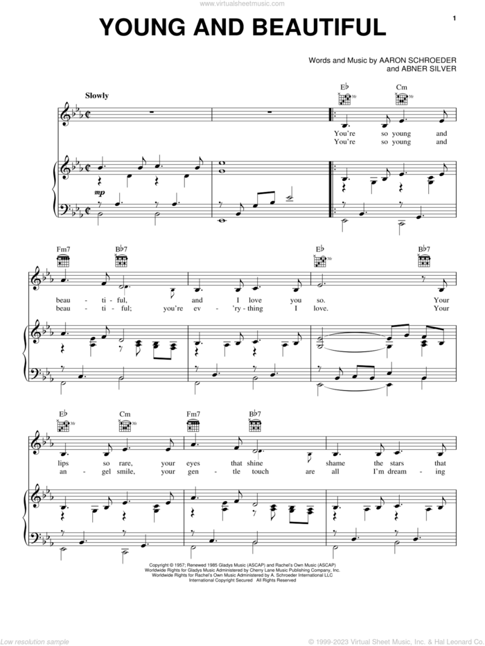 Young And Beautiful sheet music for voice, piano or guitar by Elvis Presley, Aaron Schroeder and Abner Silver, intermediate skill level