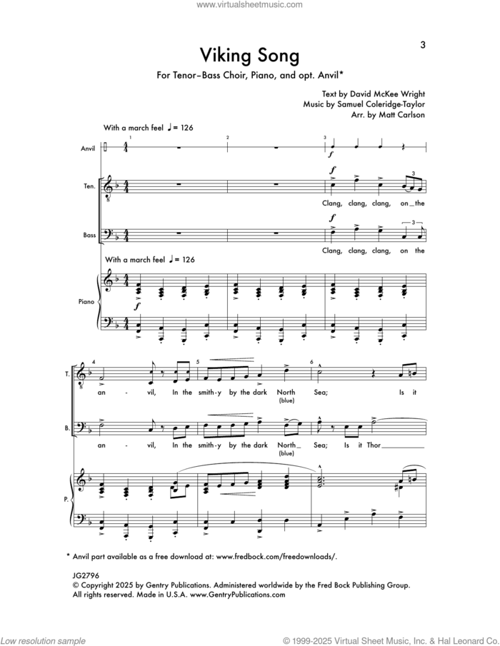 Viking Song sheet music for choir (TTBB: tenor, bass) by Samuel Coleridge-Taylor, Matt Carlson and David McKee Wright, intermediate skill level