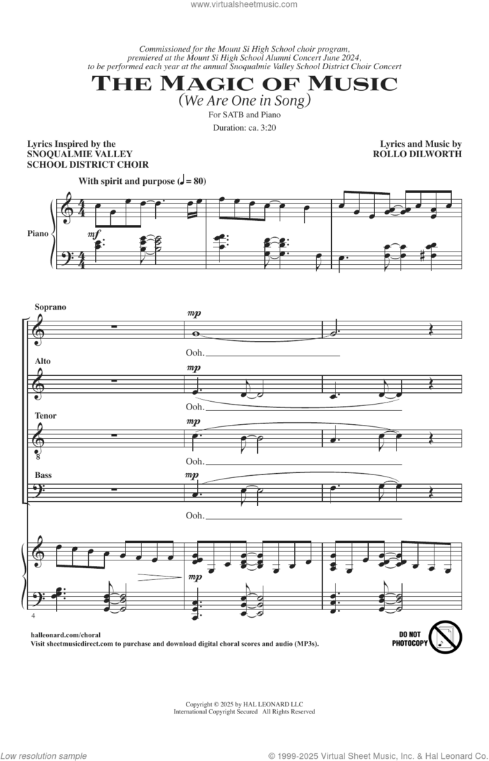 The Magic Of Music (We Are One In Song) sheet music for choir (SATB: soprano, alto, tenor, bass) by Rollo Dilworth and Snoqualmie Valley School Choir, intermediate skill level