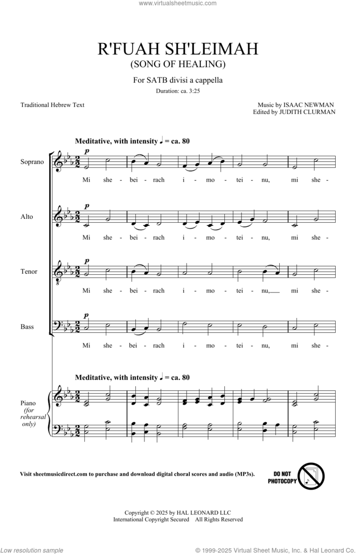 R'fuah Sh'leimah (Song Of Healing) sheet music for choir (SATB Divisi) by Isaac Newman, Judith Clurman and Traditional Hebrew Text, intermediate skill level