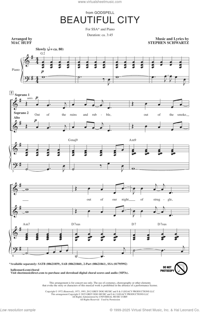 Beautiful City (from Godspell) (arr. Mac Huff) sheet music for choir (SSA: soprano, alto) by Stephen Schwartz and Mac Huff, intermediate skill level