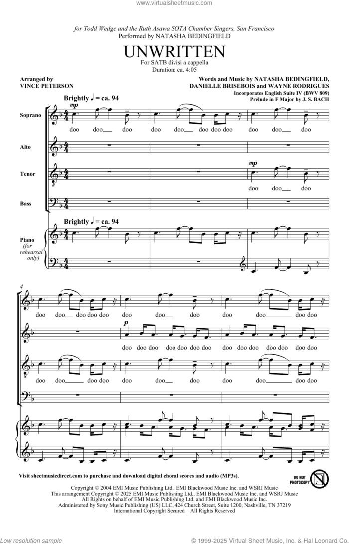 Unwritten (Incorporates English Suite IV) (arr. Vince Peterson) sheet music for choir (SATB Divisi) by Natasha Bedingfield, Vince Peterson, Danielle Brisebois, Johann Sebastian Bach and Wayne Rodrigues, intermediate skill level