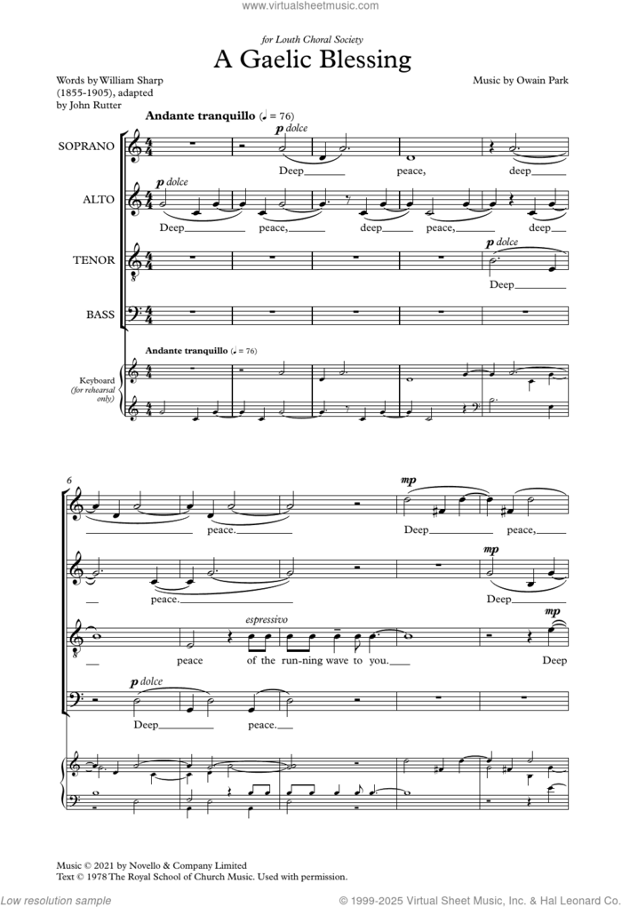 A Gaelic Blessing sheet music for choir (SATB: soprano, alto, tenor, bass) by Owain Park, John Rutter (adapt.) and William Sharp, classical score, intermediate skill level