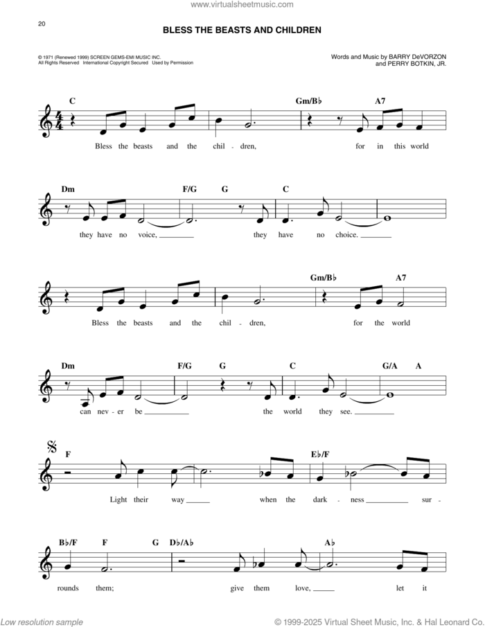 Bless The Beasts And Children sheet music for voice and other instruments (fake book) by Perry Botkin, Jr., Carpenters and Barry DeVorzon, easy skill level