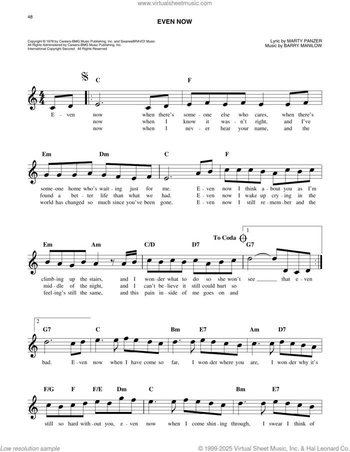 Even Now sheet music for voice and other instruments (fake book) by Barry Manilow and Marty Panzer, easy skill level