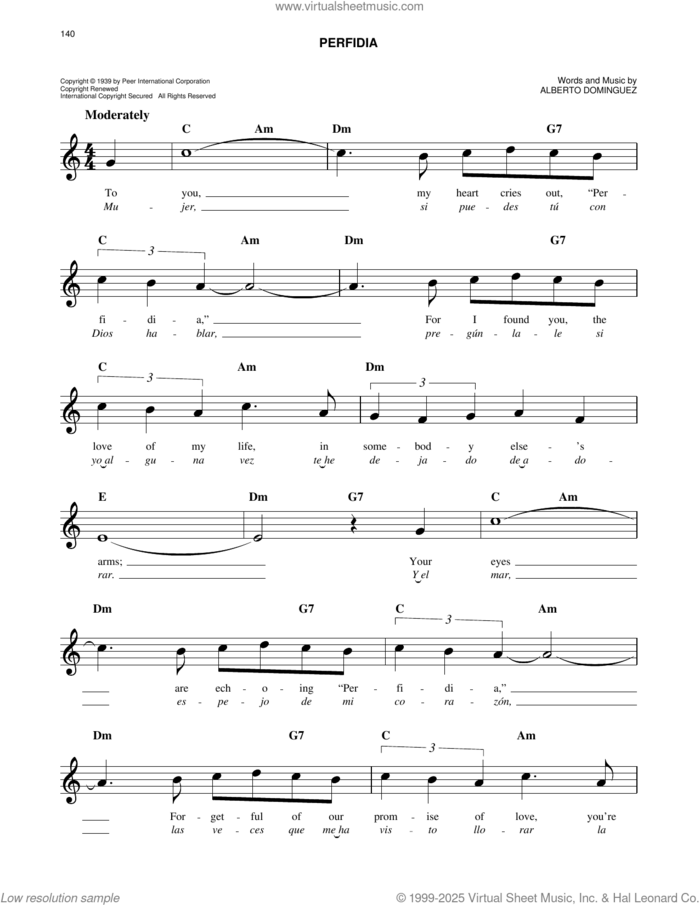 Perfidia sheet music for voice and other instruments (fake book) by The Ventures and Alberto Dominguez, easy skill level