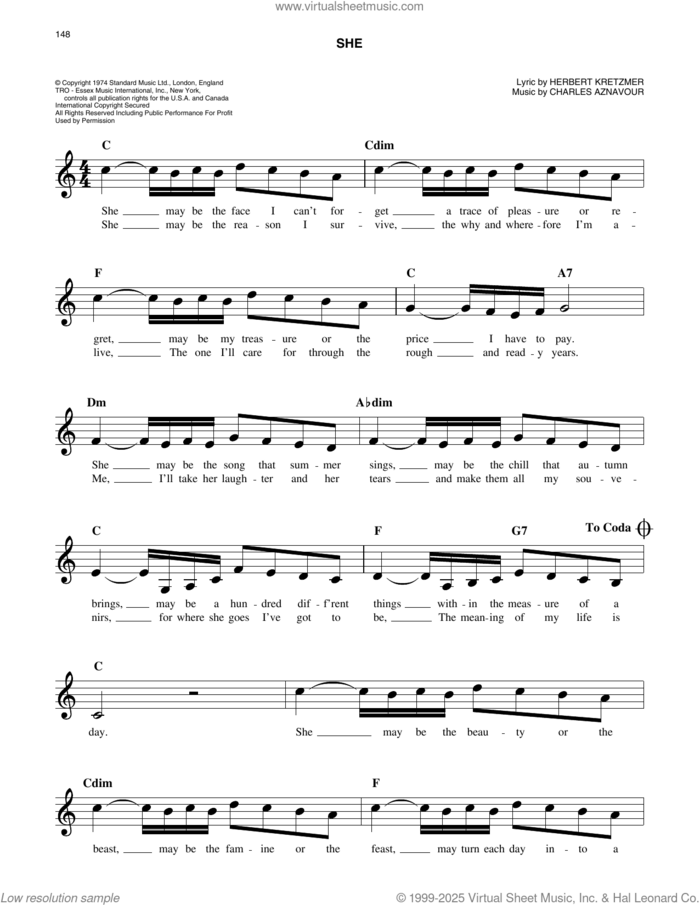 She sheet music for voice and other instruments (fake book) by Elvis Costello, Charles Aznavour and Herbert Kretzmer, easy skill level