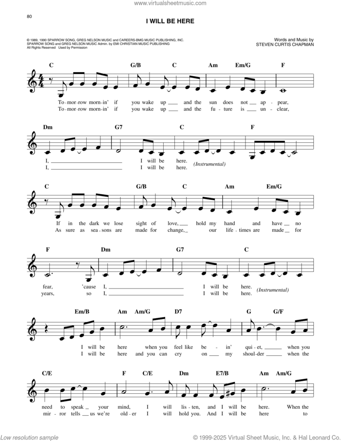 I Will Be Here sheet music for voice and other instruments (fake book) by Steven Curtis Chapman, wedding score, easy skill level
