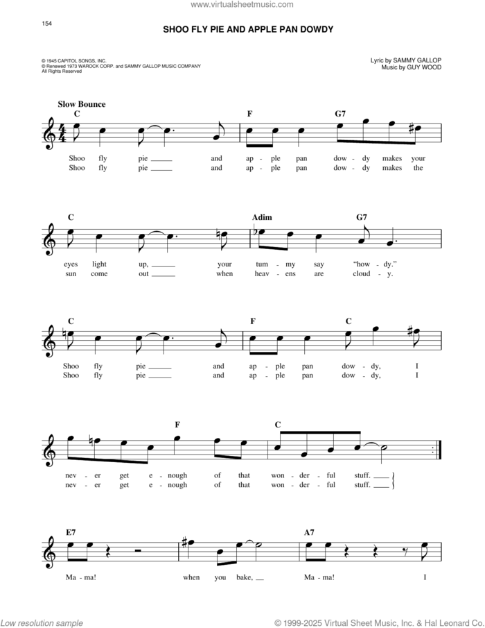 Shoo Fly Pie And Apple Pan Dowdy sheet music for voice and other instruments (fake book) by Sammy Gallop and Guy Wood, easy skill level