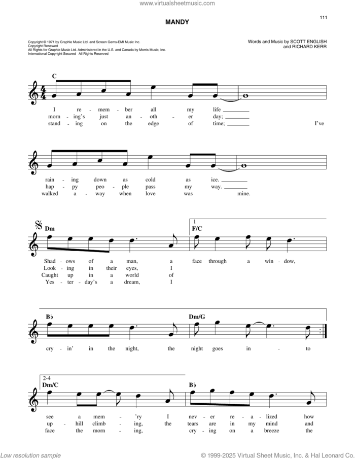 Mandy sheet music for voice and other instruments (fake book) by Barry Manilow, Richard Kerr and Scott English, easy skill level