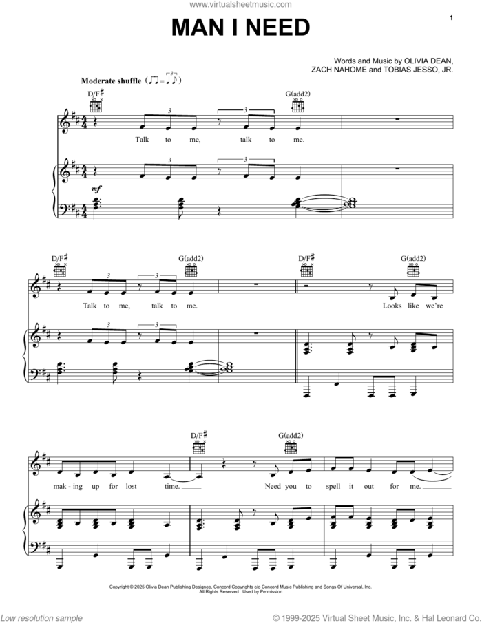 Man I Need sheet music for voice, piano or guitar by Olivia Dean, Tobias Jesso, Jr. and Zach Nahome, intermediate skill level