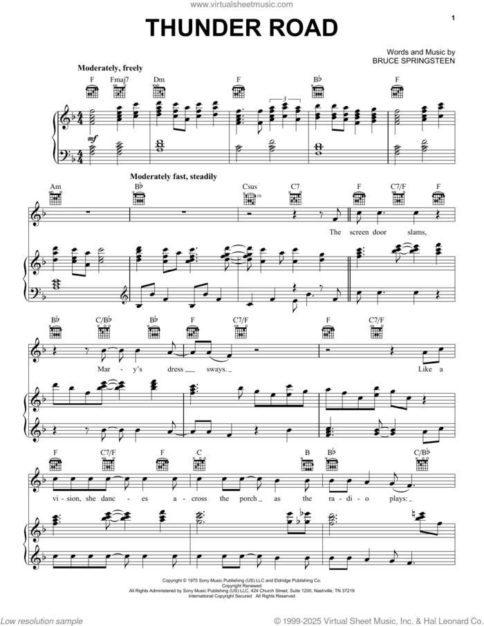 Thunder Road sheet music for voice, piano or guitar by Bruce Springsteen, intermediate skill level